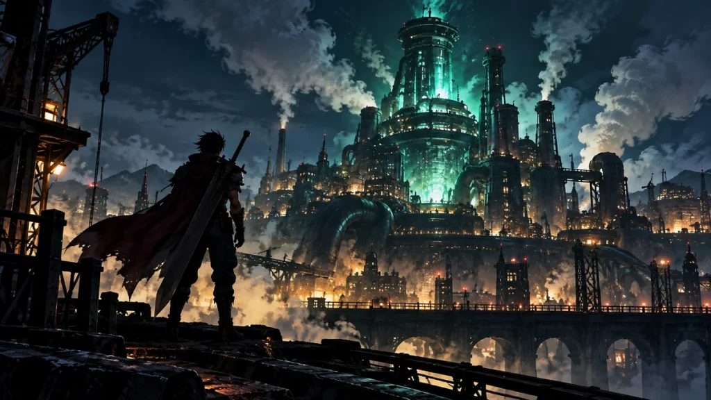 Ciudad industrial futurista de noche con un reactor brillante, ilustración inspirada en Final Fantasy VII
