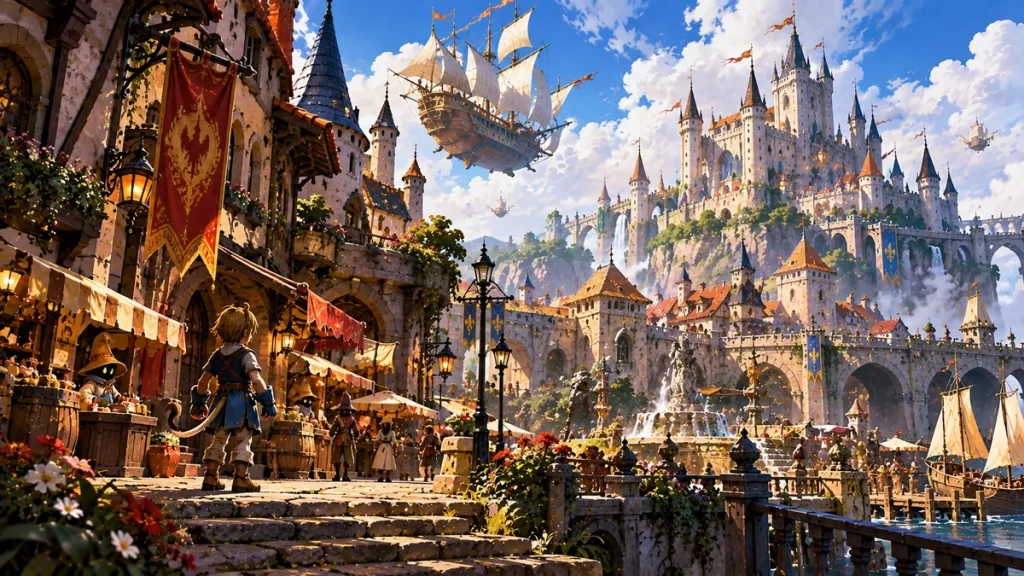 Castillo de fantasía con un barco volador en un cielo cálido, ilustración inspirada en Final Fantasy IX