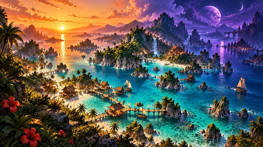 Archipiélago tropical con el cielo dividido en dos colores, ilustración inspirada en Chrono Cross