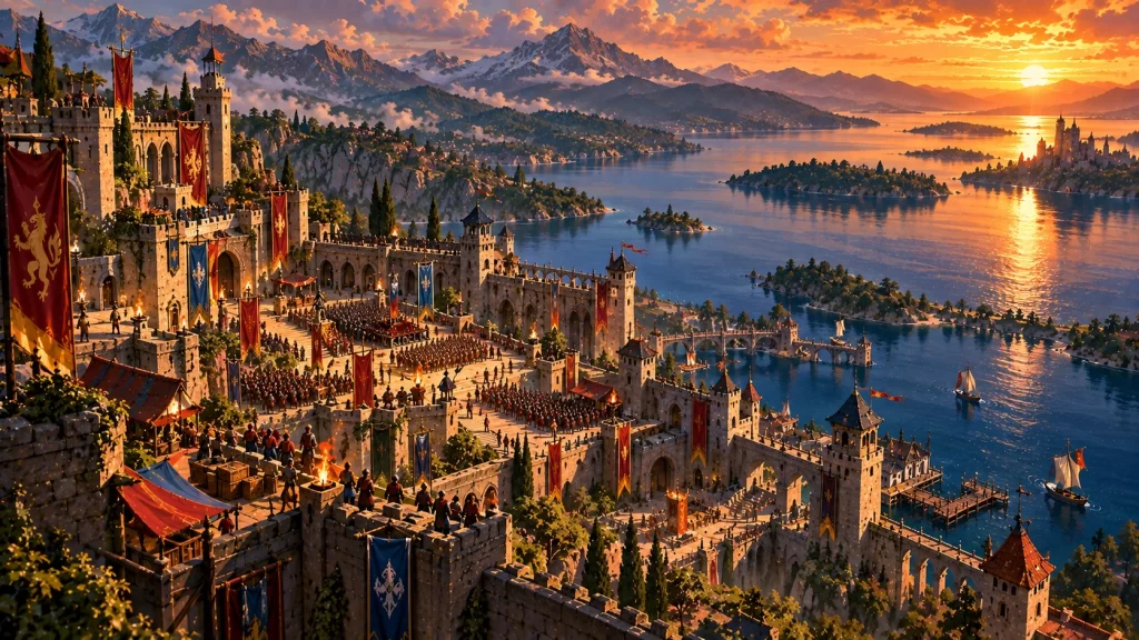 Fortaleza junto a un lago al atardecer, ilustración inspirada en Suikoden II