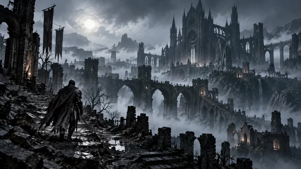 Ciudad medieval en ruinas con una catedral gótica entre la niebla, ilustración inspirada en Vagrant Story