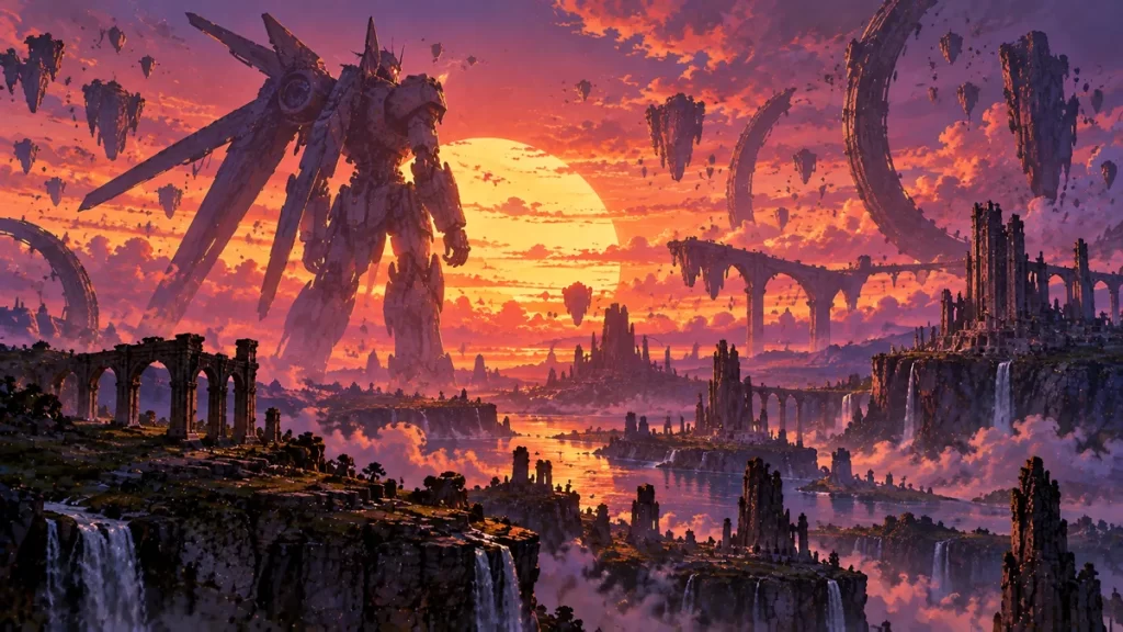 Robot gigante entre ruinas ante un sol poniente, ilustración inspirada en Xenogears