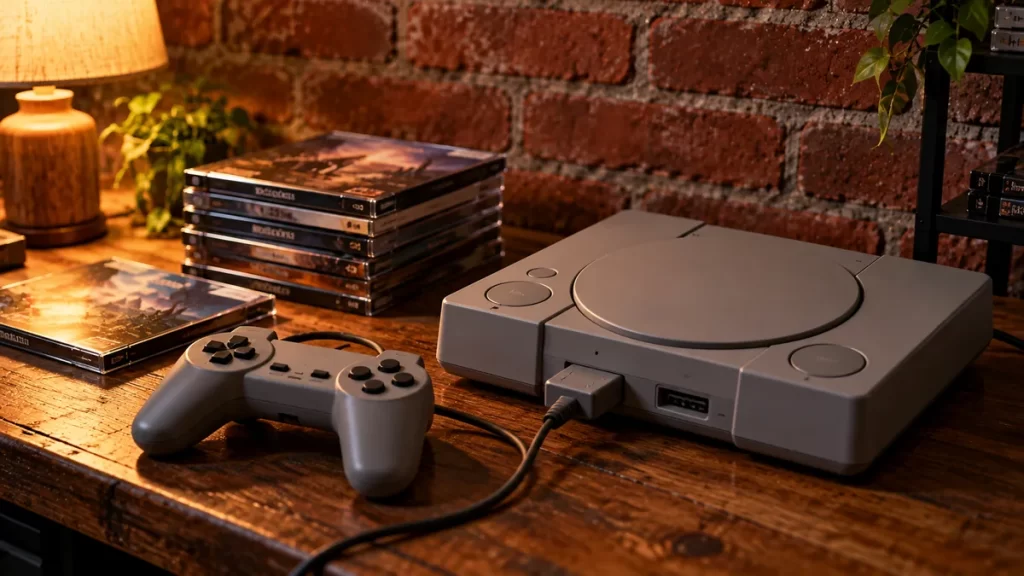 Consola retro gris con mando y discos sobre una mesa de madera junto a una pared de ladrillo