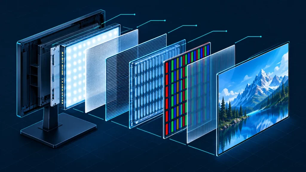 Capas de un panel de monitor separadas en vista isométrica