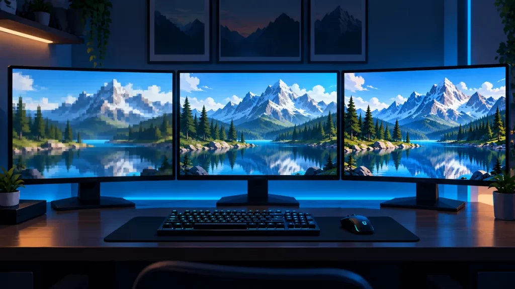 Tres monitores con el mismo paisaje cada vez más nítido, que representan 1080p, 1440p y 4K