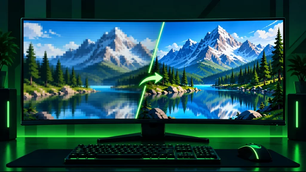 Pantalla dividida en dos mitades con el mismo paisaje, una pixelada y otra nítida, que representa el reescalado de imagen