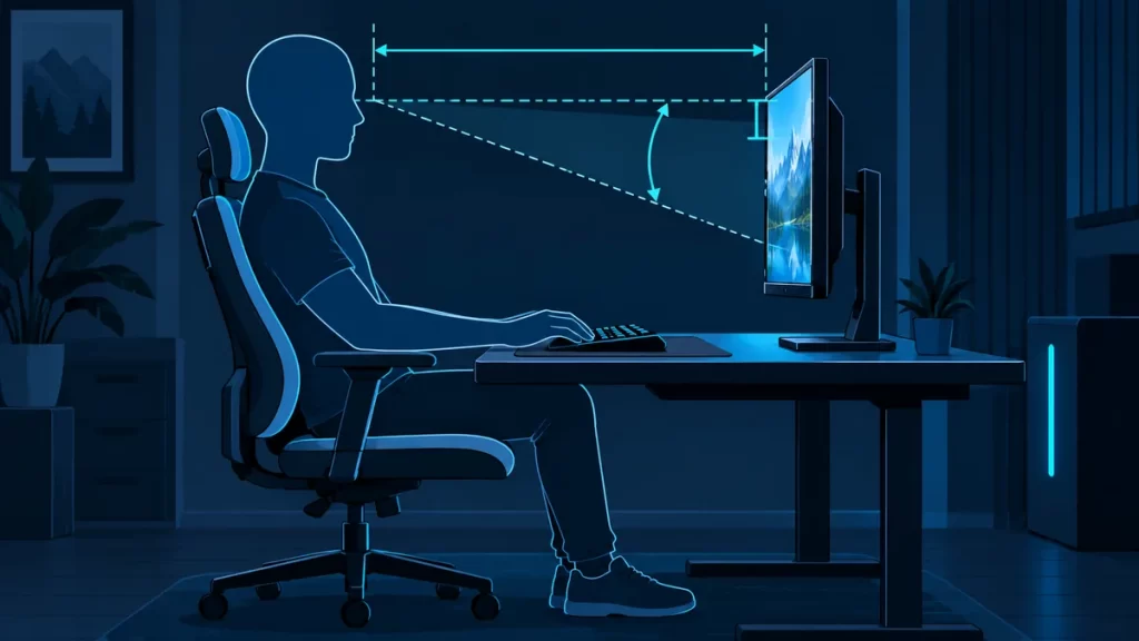 Persona sentada frente a un monitor a la distancia recomendada, con líneas que marcan la altura de los ojos