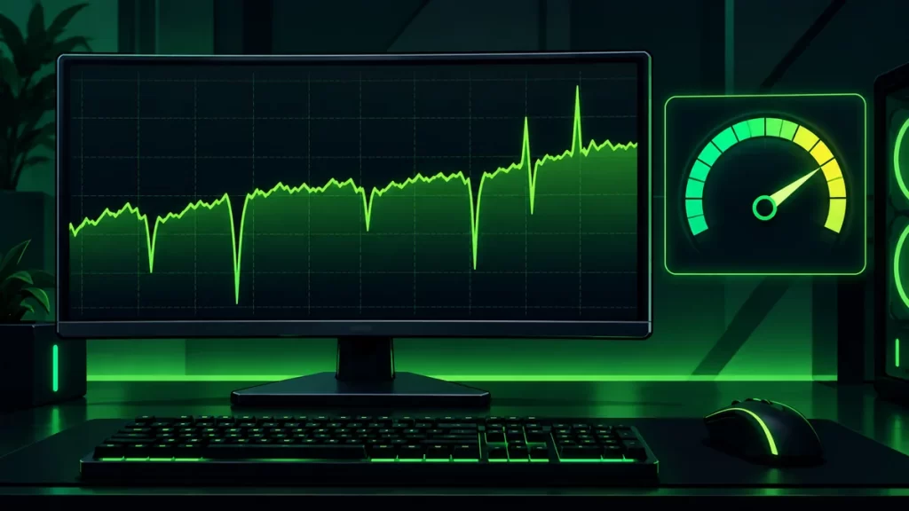 Monitor con una gráfica de rendimiento con picos y caídas junto a un indicador de fotogramas por segundo