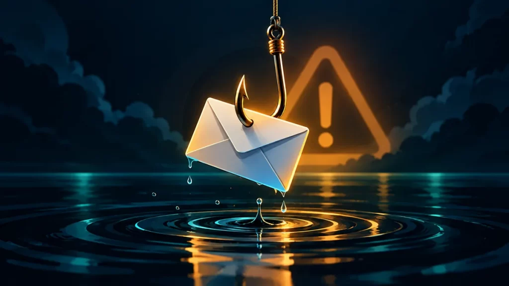 Anzuelo que atrapa un sobre de correo, símbolo del phishing